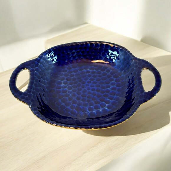 Trinket Ring Dish Enamel on Brass with Handles Blue and Gold - Picture 2 of 4